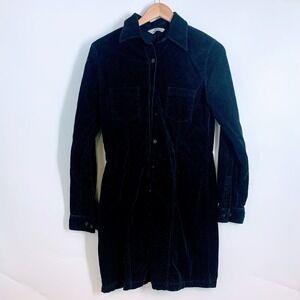Eddie Bauer Womens Corduroy Shirt Dress Button Front Long Sleeve Black Navy Mini